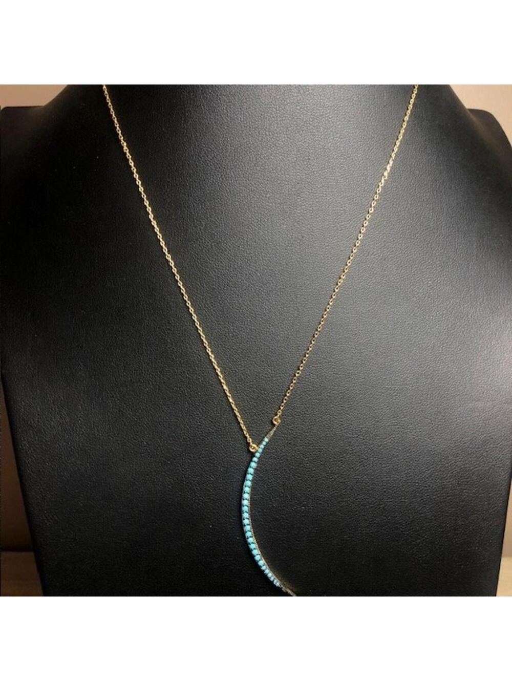 B4127 Sterling Forever Crescent Moon Necklace Gold tone faux Turquoise Pave 18"